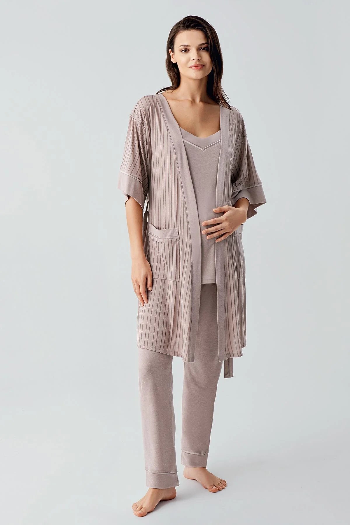 Strappy 3-Piece Maternity Feeding-Friendly Pajama & Jacquard Robe Set Mink - S17301