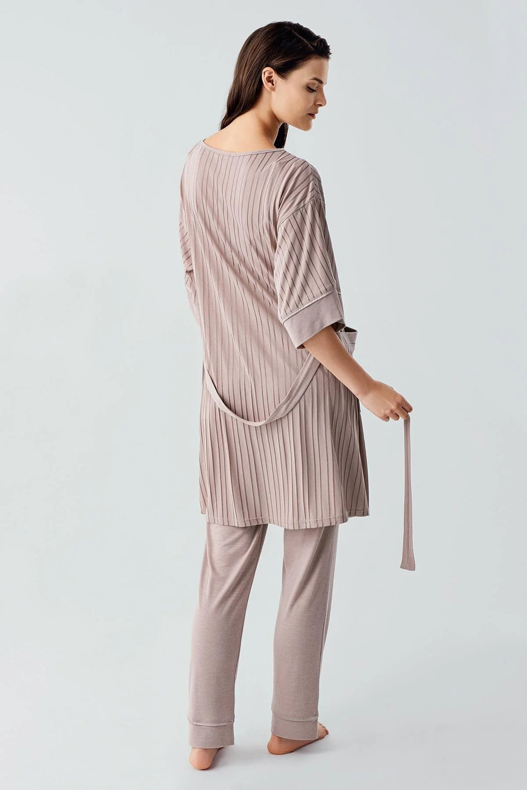 Strappy 3-Piece Maternity Feeding-Friendly Pajama & Jacquard Robe Set Mink - S17301