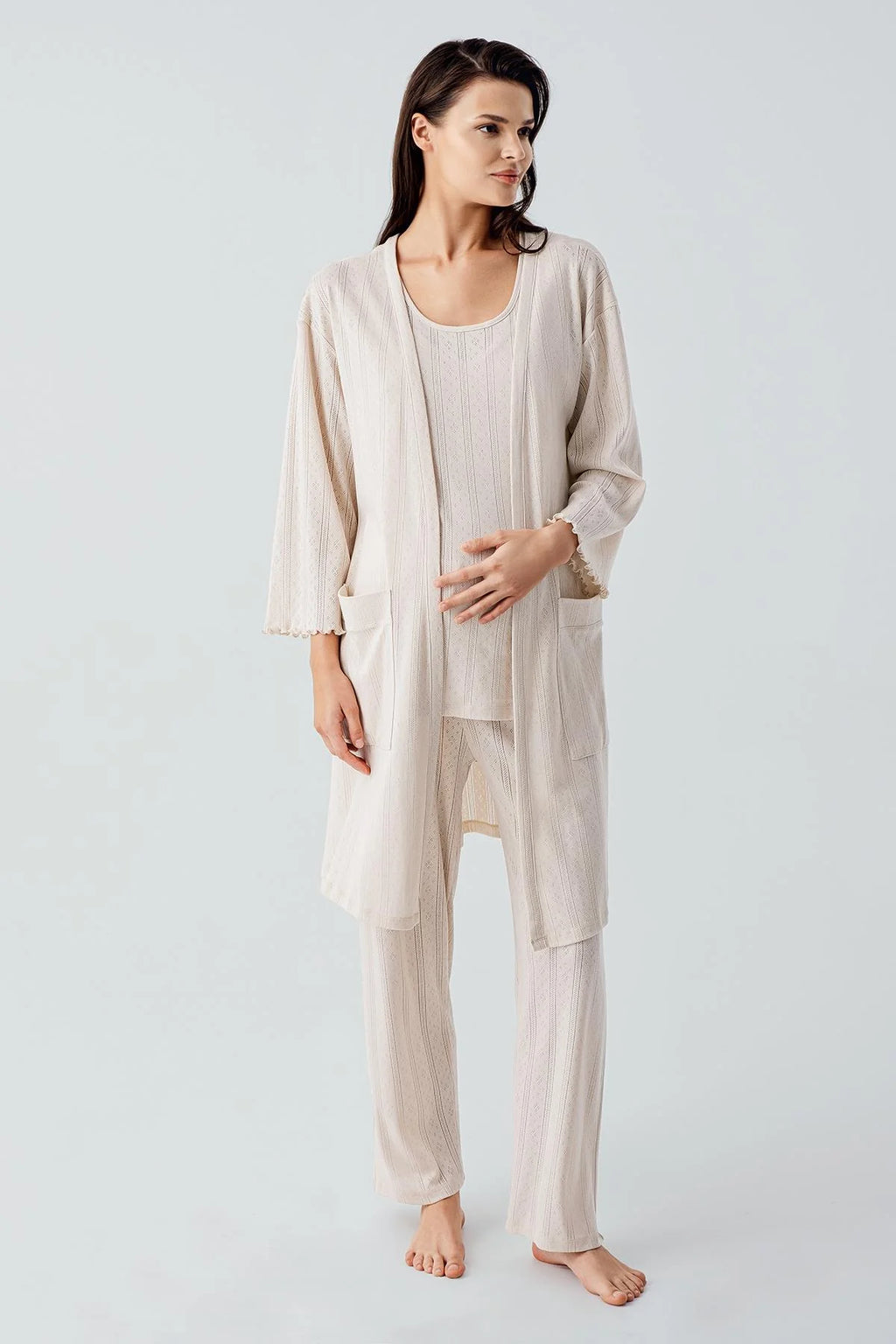 Hidden Breastfeeding Panel 3-Piece Maternity Feeding-Friendly Pajama & Robe Set Beige - S17308