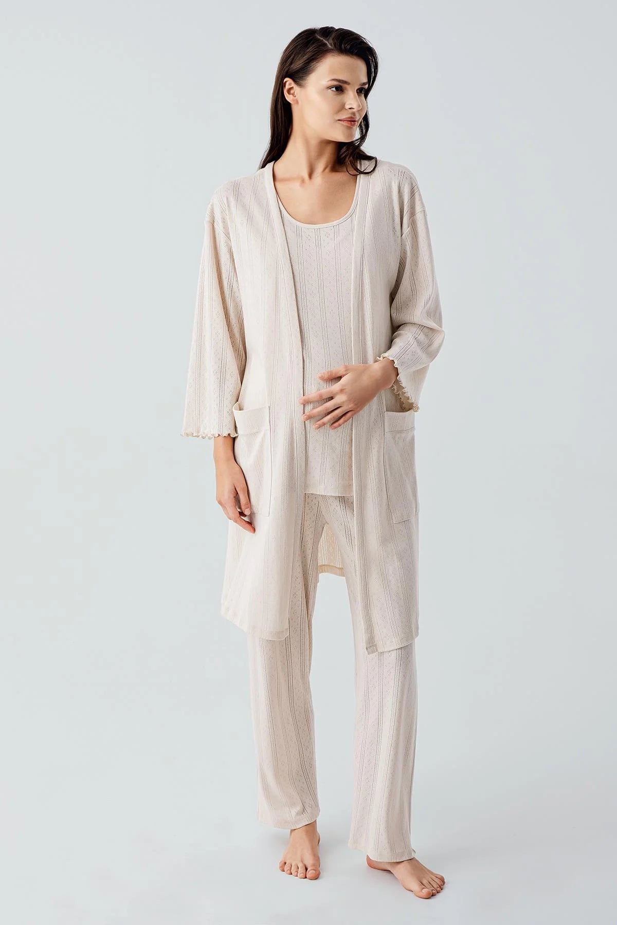 Hidden Breastfeeding Panel 3-Piece Maternity Feeding-Friendly Pajama & Robe Set Beige - S17308