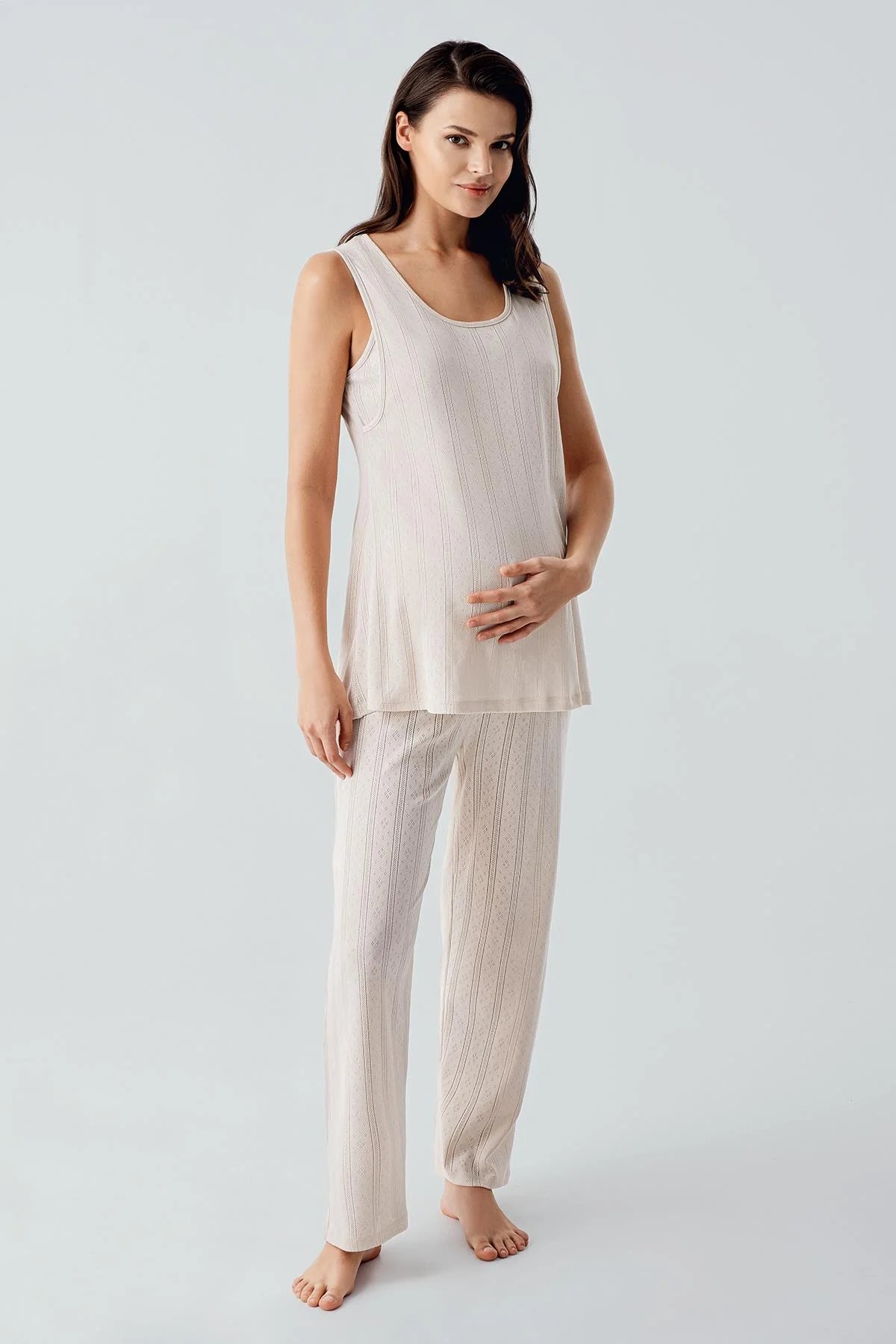 Hidden Breastfeeding Panel 3-Piece Maternity Feeding-Friendly Pajama & Robe Set Beige - S17308
