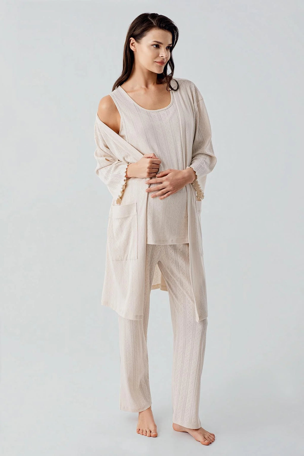 Hidden Breastfeeding Panel 3-Piece Maternity Feeding-Friendly Pajama & Robe Set Beige - S17308