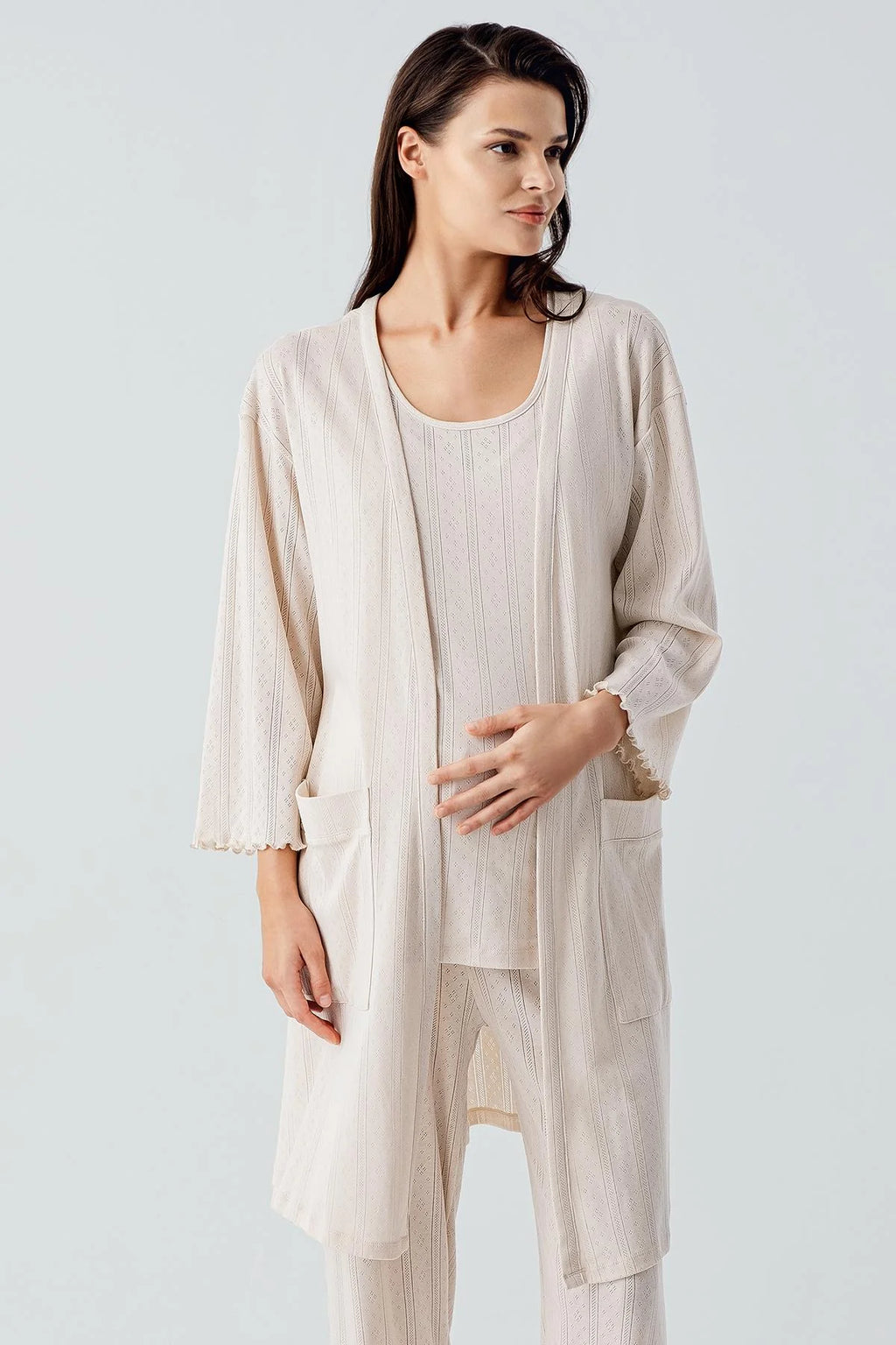 Hidden Breastfeeding Panel 3-Piece Maternity Feeding-Friendly Pajama & Robe Set Beige - S17308