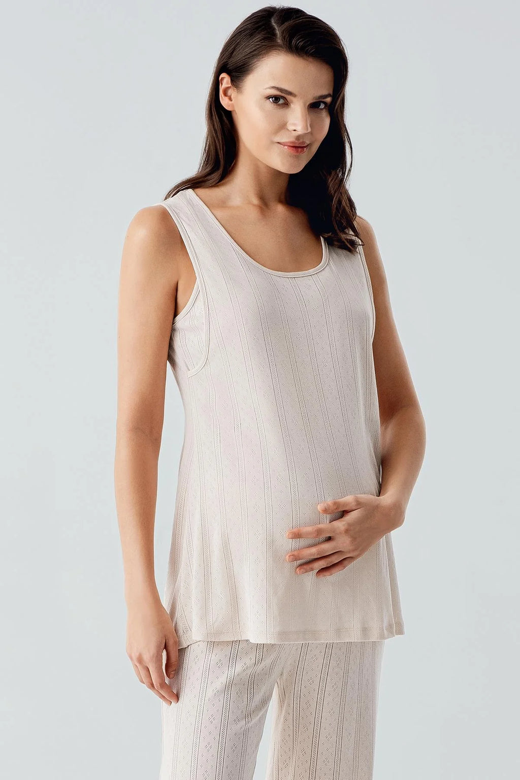 Hidden Breastfeeding Panel 3-Piece Maternity Feeding-Friendly Pajama & Robe Set Beige - S17308