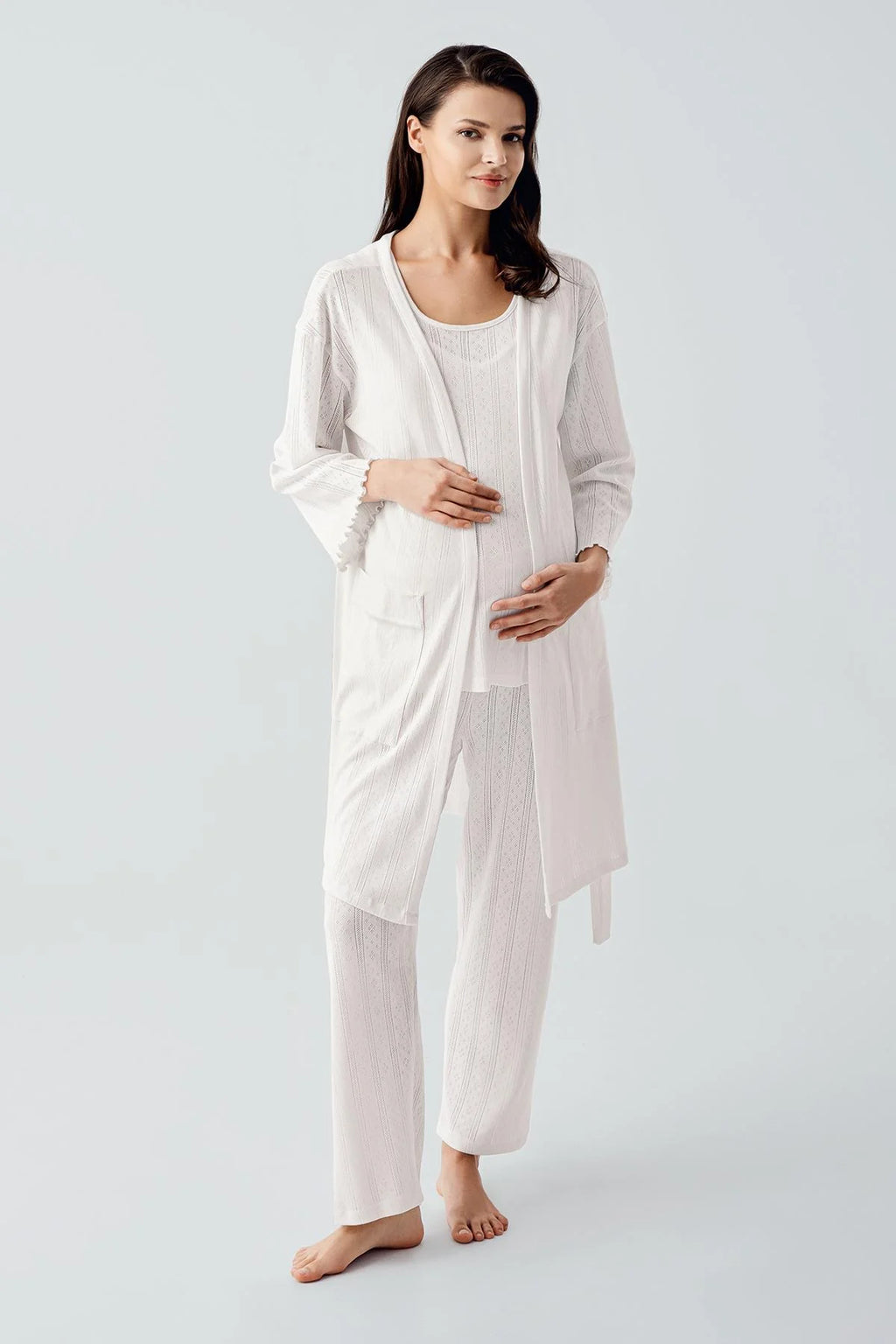 Hidden Breastfeeding Panel 3-Piece Maternity Feeding-Friendly Pajama & Robe Set Ecru - S17308