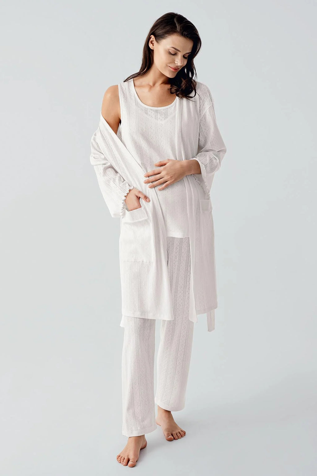 Hidden Breastfeeding Panel 3-Piece Maternity Feeding-Friendly Pajama & Robe Set Ecru - S17308