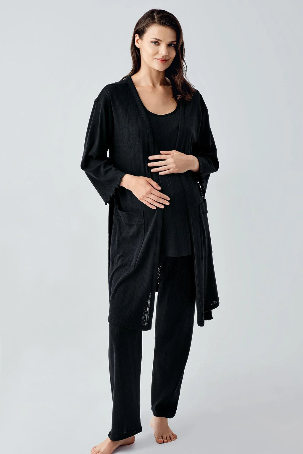 Hidden Breastfeeding Panel 3-Piece Maternity Feeding-Friendly Pajama & Robe Set Black - S17308
