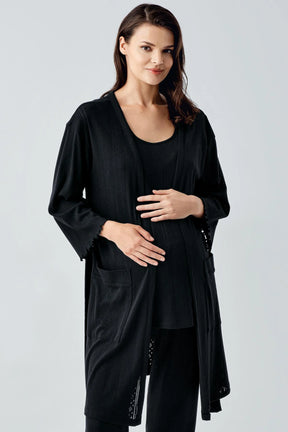 Hidden Breastfeeding Panel 3-Piece Maternity-Nursing Pajama & Robe Set Black - 17308