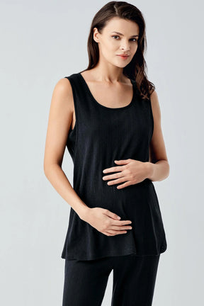 Hidden Breastfeeding Panel 3-Piece Maternity-Nursing Pajama & Robe Set Black - 17308