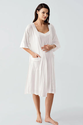 Strappy Maternity-Nursing Nightgown & Jacquard Robe Set Ecru - 17401