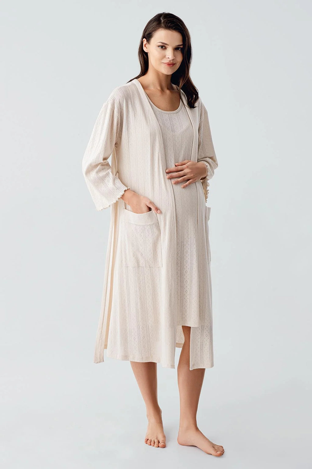 Hidden Breastfeeding Panel Maternity Feeding-Friendly Nightgown & Robe Set Beige - S17408