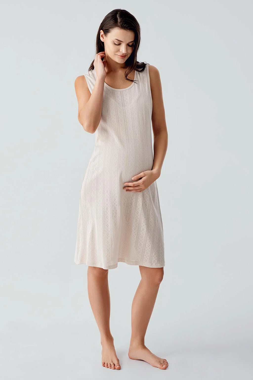 Hidden Breastfeeding Panel Maternity Feeding-Friendly Nightgown & Robe Set Beige - S17408