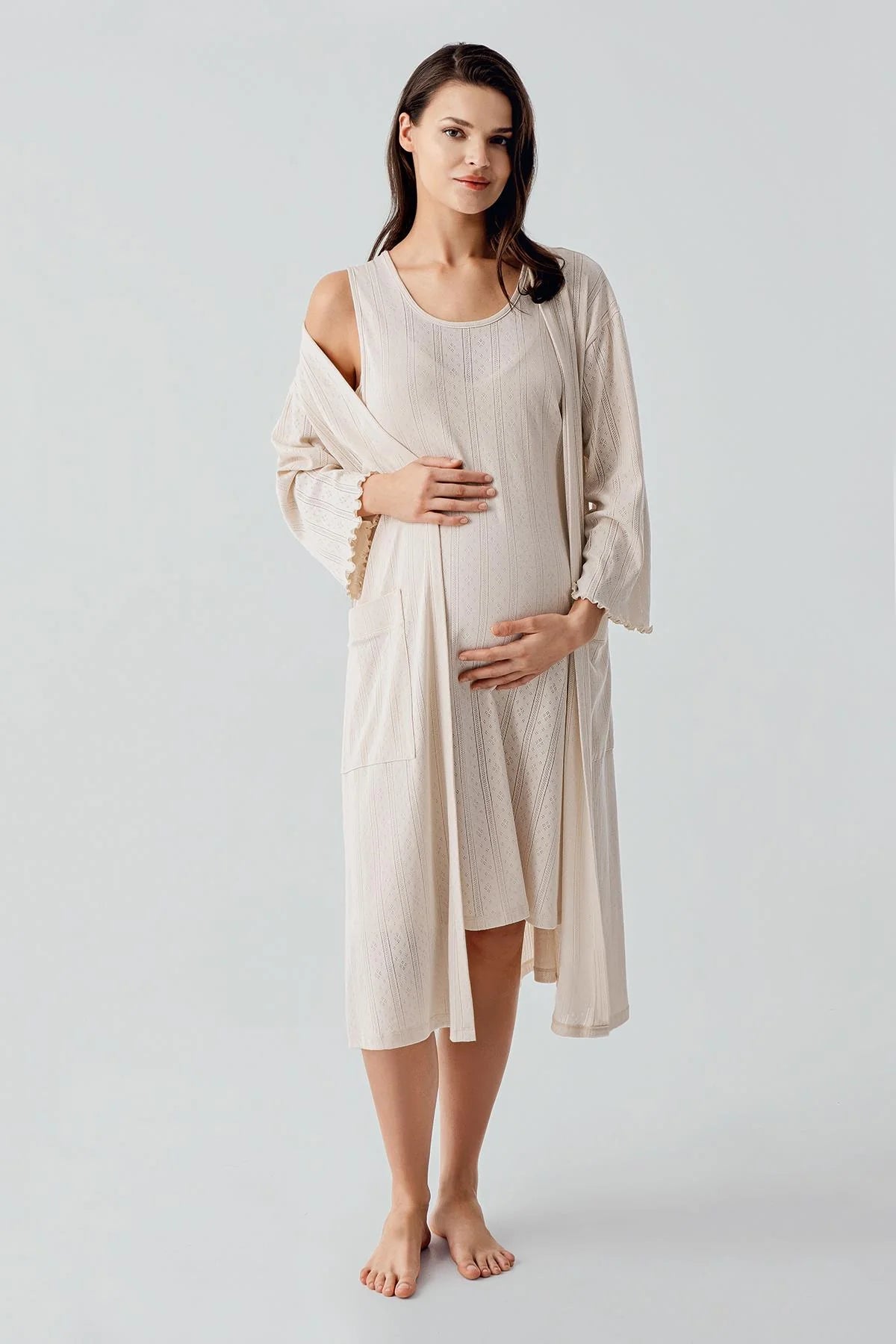 Hidden Breastfeeding Panel Maternity Feeding-Friendly Nightgown & Robe Set Beige - S17408