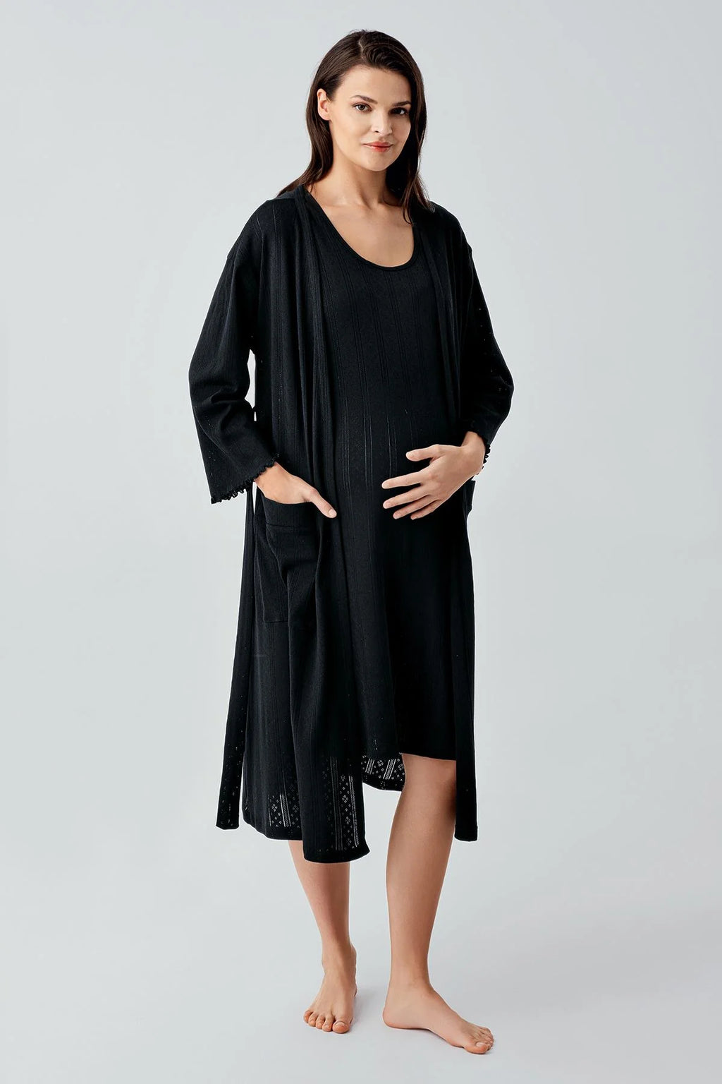 Hidden Breastfeeding Panel Maternity Feeding-Friendly Nightgown & Robe Set Black - S17408