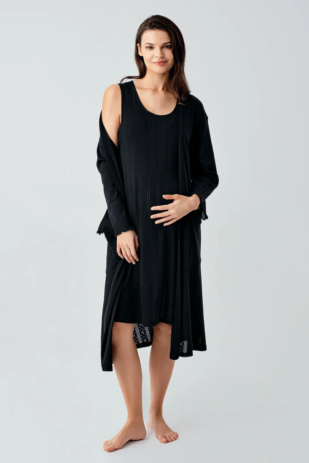 Hidden Breastfeeding Panel Maternity Feeding-Friendly Nightgown & Robe Set Black - S17408