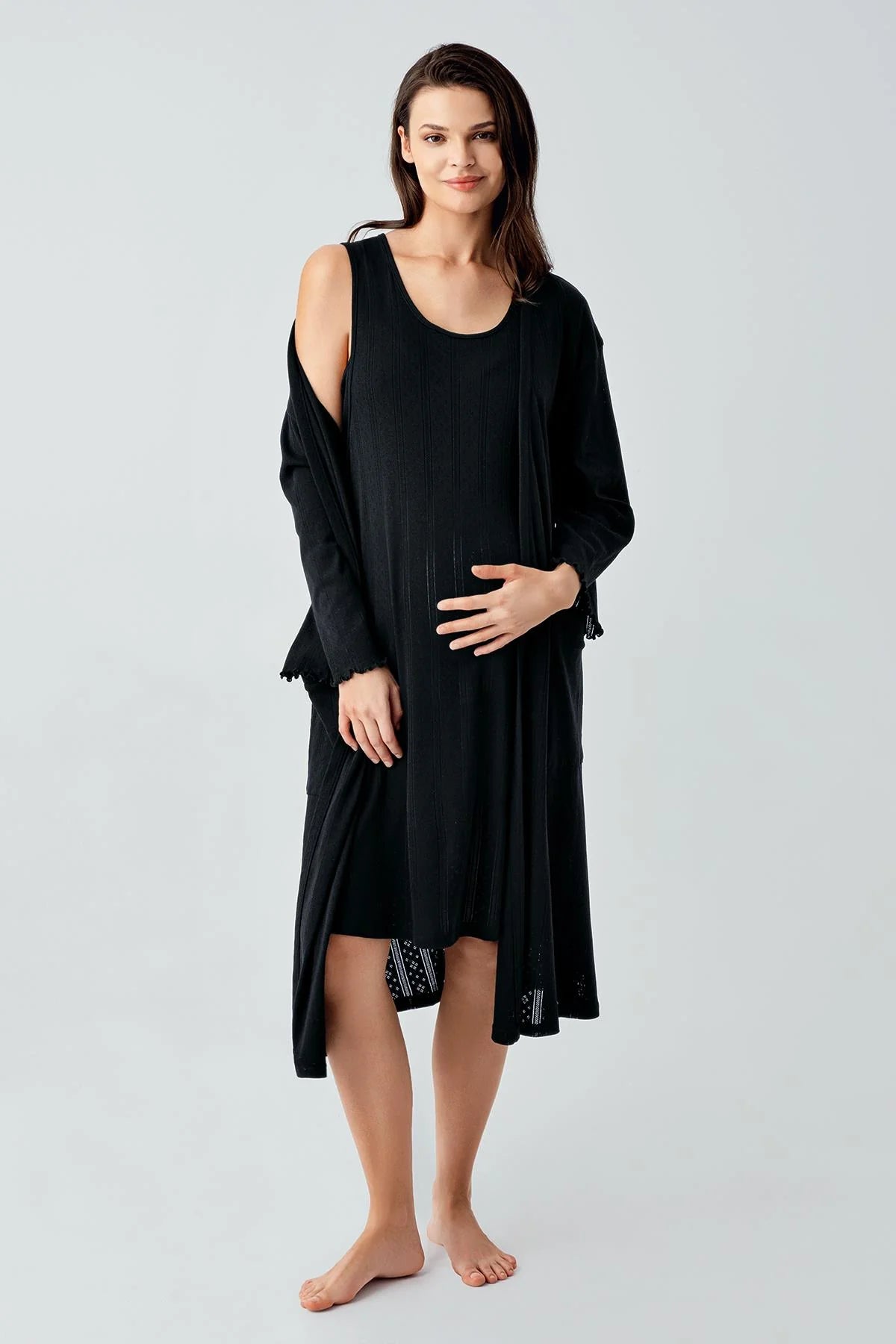 Hidden Breastfeeding Panel Maternity Feeding-Friendly Nightgown & Robe Set Black - S17408
