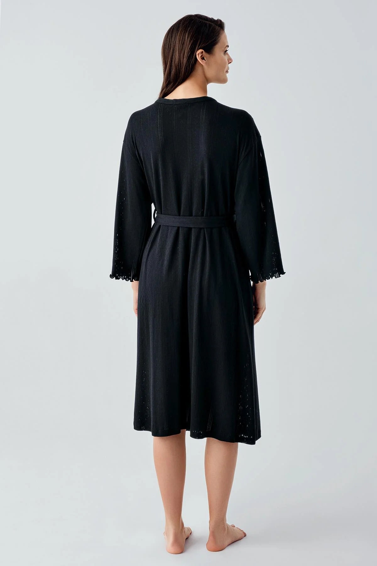 Hidden Breastfeeding Panel Maternity Feeding-Friendly Nightgown & Robe Set Black - S17408