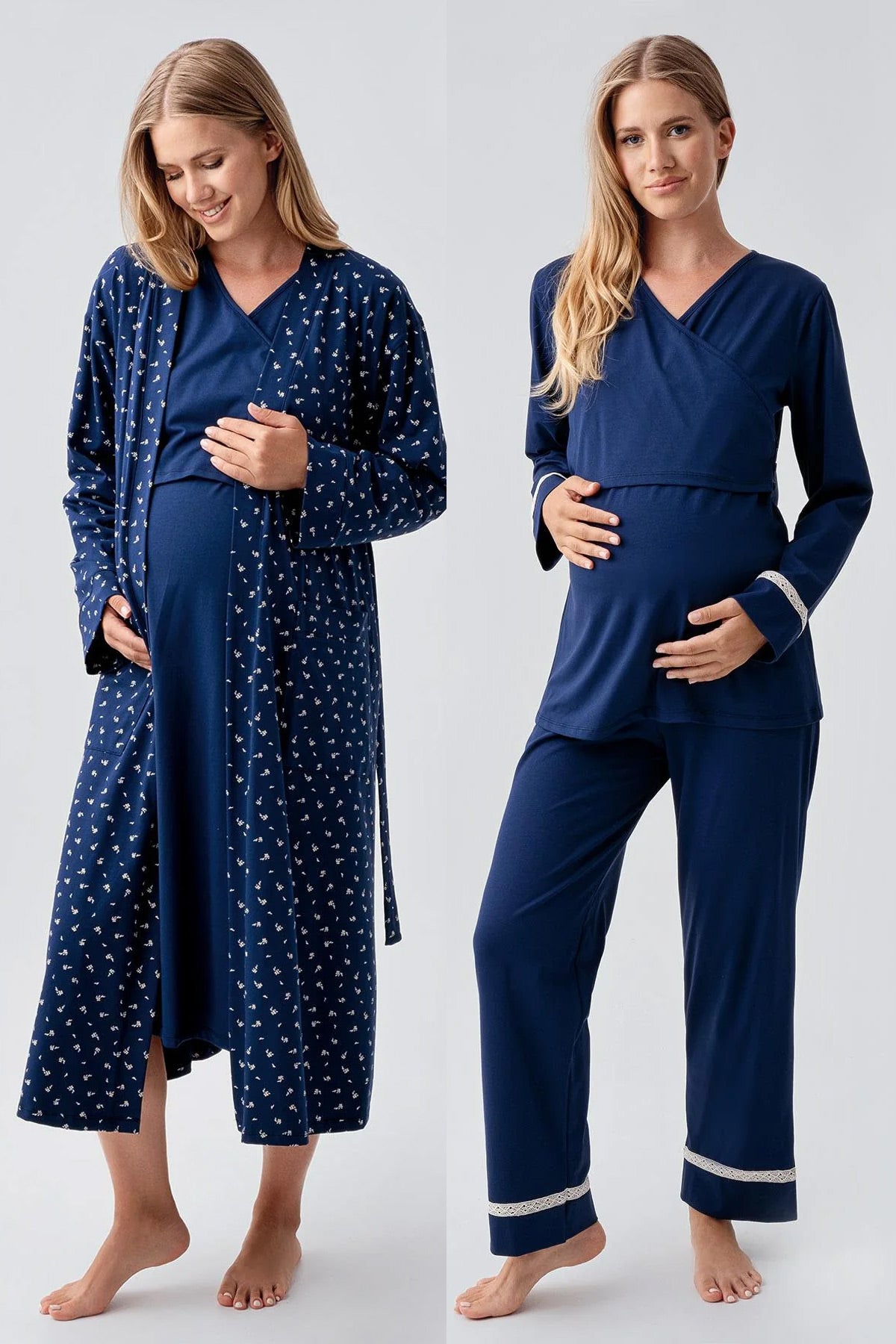 Side Tie Nursing Feature Cotton 4-Piece Maternity-Nursing Set Navy Blue - 180101