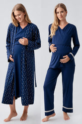 Side Tie Nursing Feature Cotton 4-Piece Maternity-Nursing Set Navy Blue - 180101