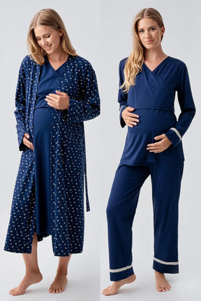Side Tie Nursing Feature Cotton 4-Piece Maternity-Nursing Set Navy Blue - 180101