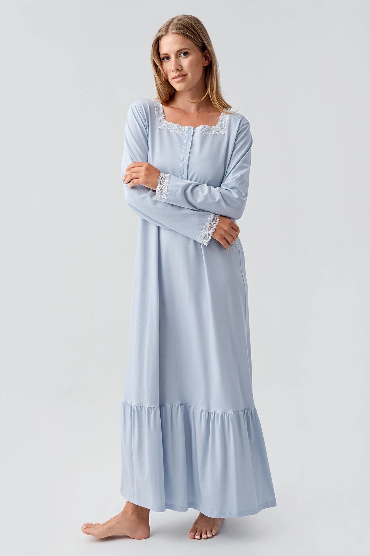 Lace Collar Cotton Plus Size Maternity & Nursing Nightgown Blue - 18100