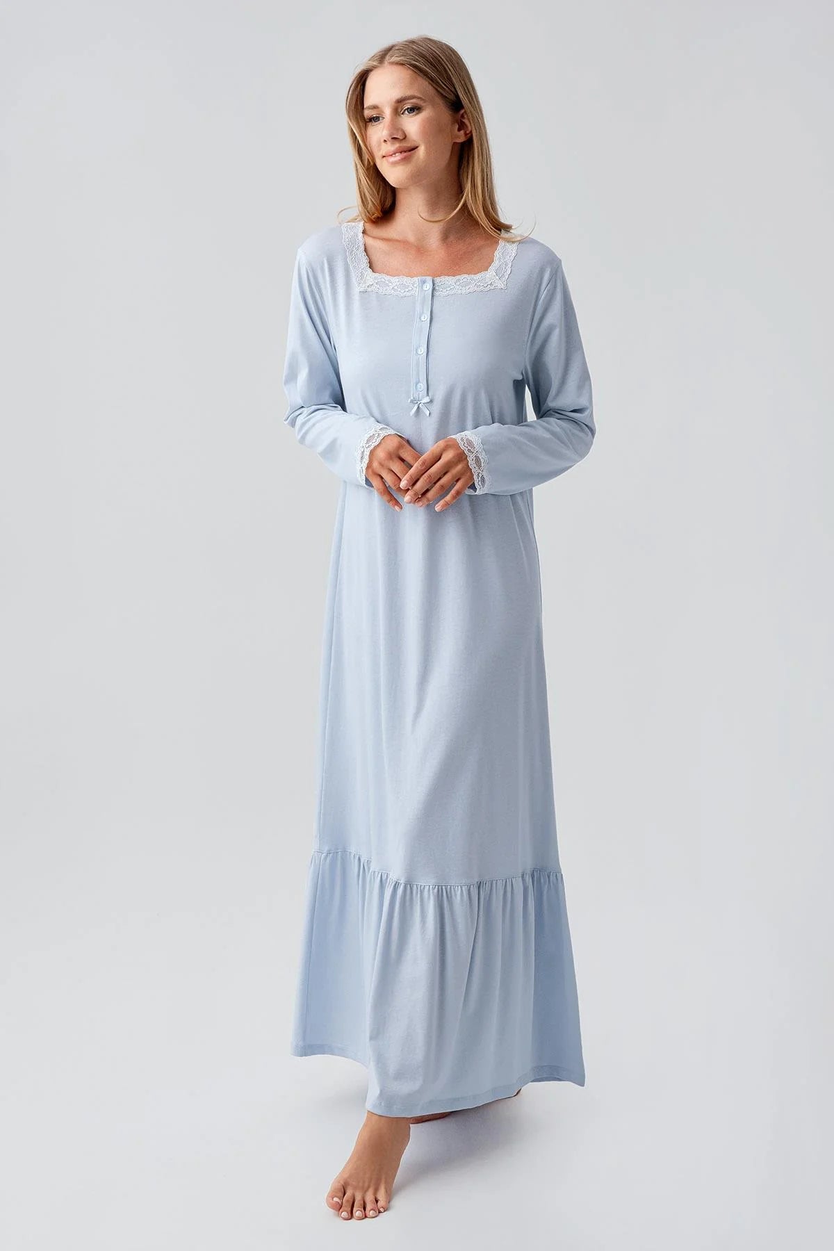 Lace Collar Cotton Plus Size Maternity & Nursing Nightgown Blue - 18100
