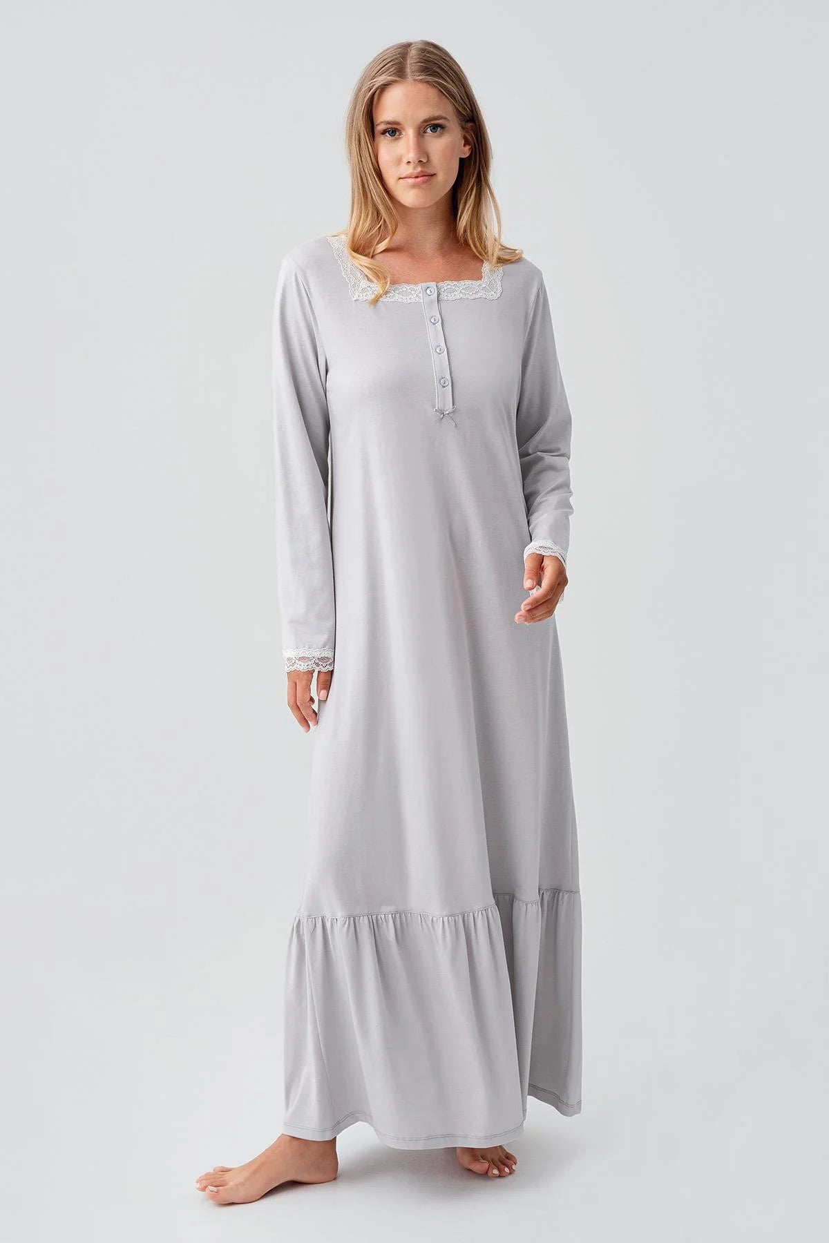 Lace Collar Cotton Plus Size Maternity & Nursing Nightgown Grey - 18100