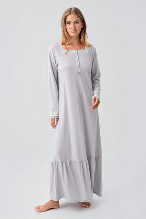 Lace Collar Cotton Plus Size Maternity & Nursing Nightgown Grey - 18100