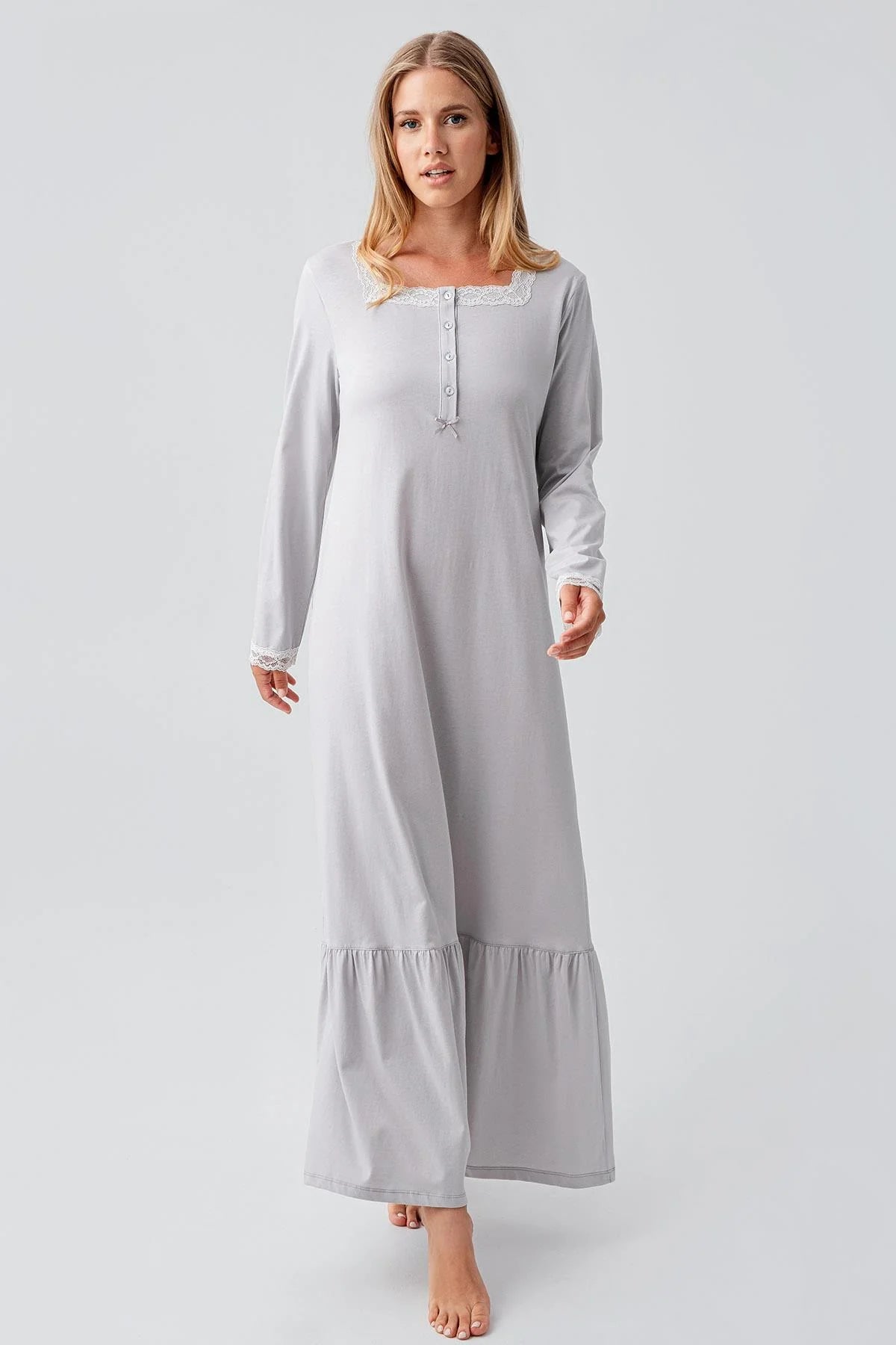 Lace Collar Cotton Plus Size Maternity & Nursing Nightgown Grey - 18100