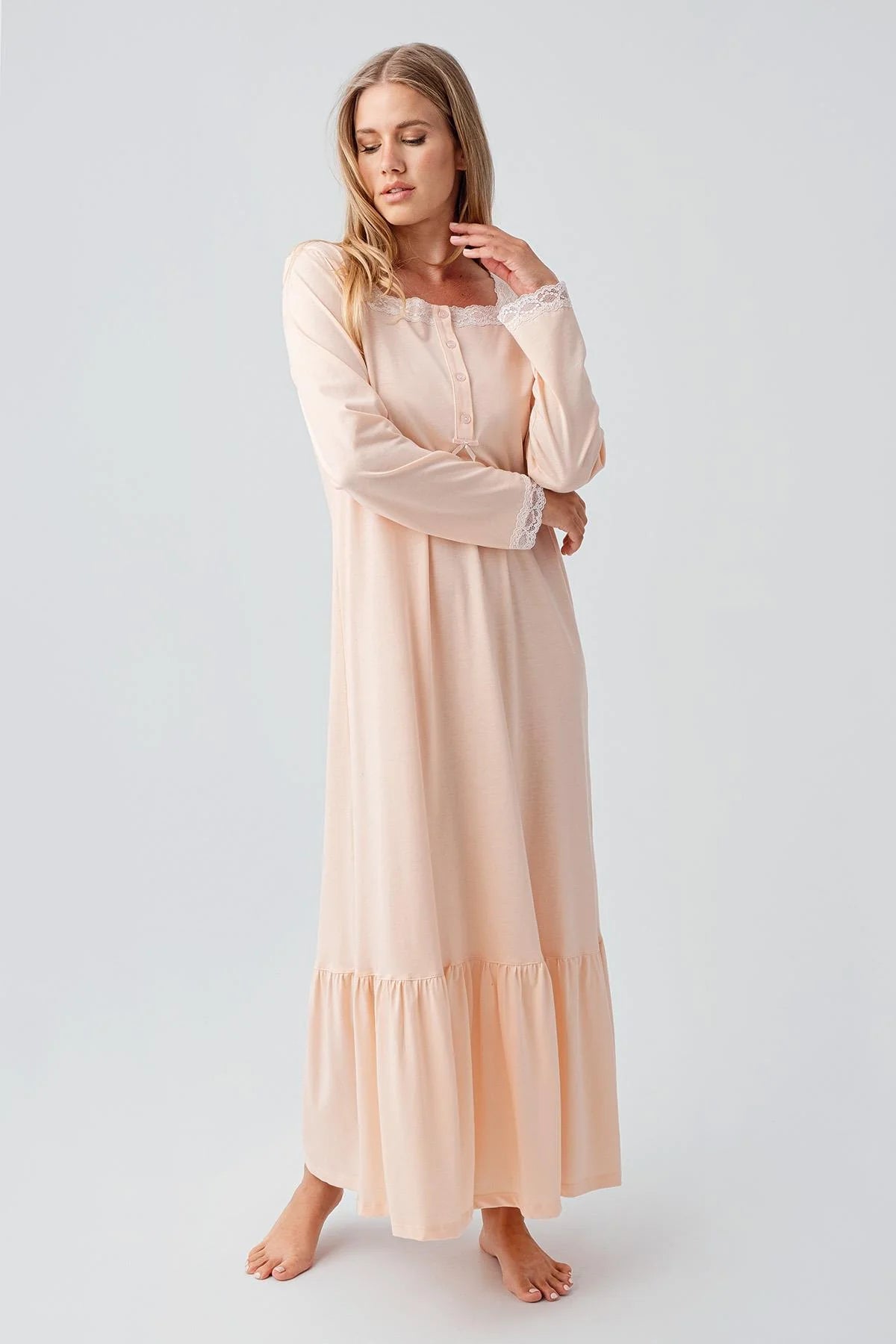 Lace Collar Cotton Plus Size Maternity & Nursing Nightgown Salmon - 18100