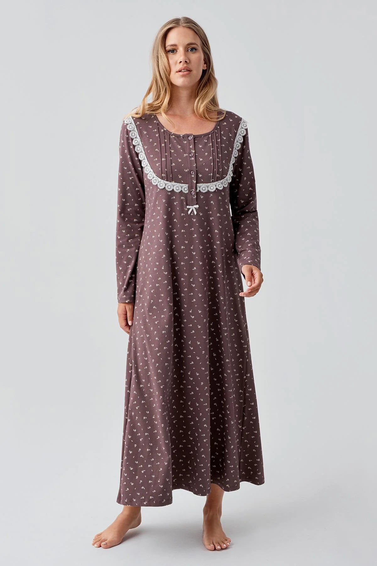 Patterned Lacy Cotton Plus Size Maternity & Nursing Nightgown Coffee - 18101