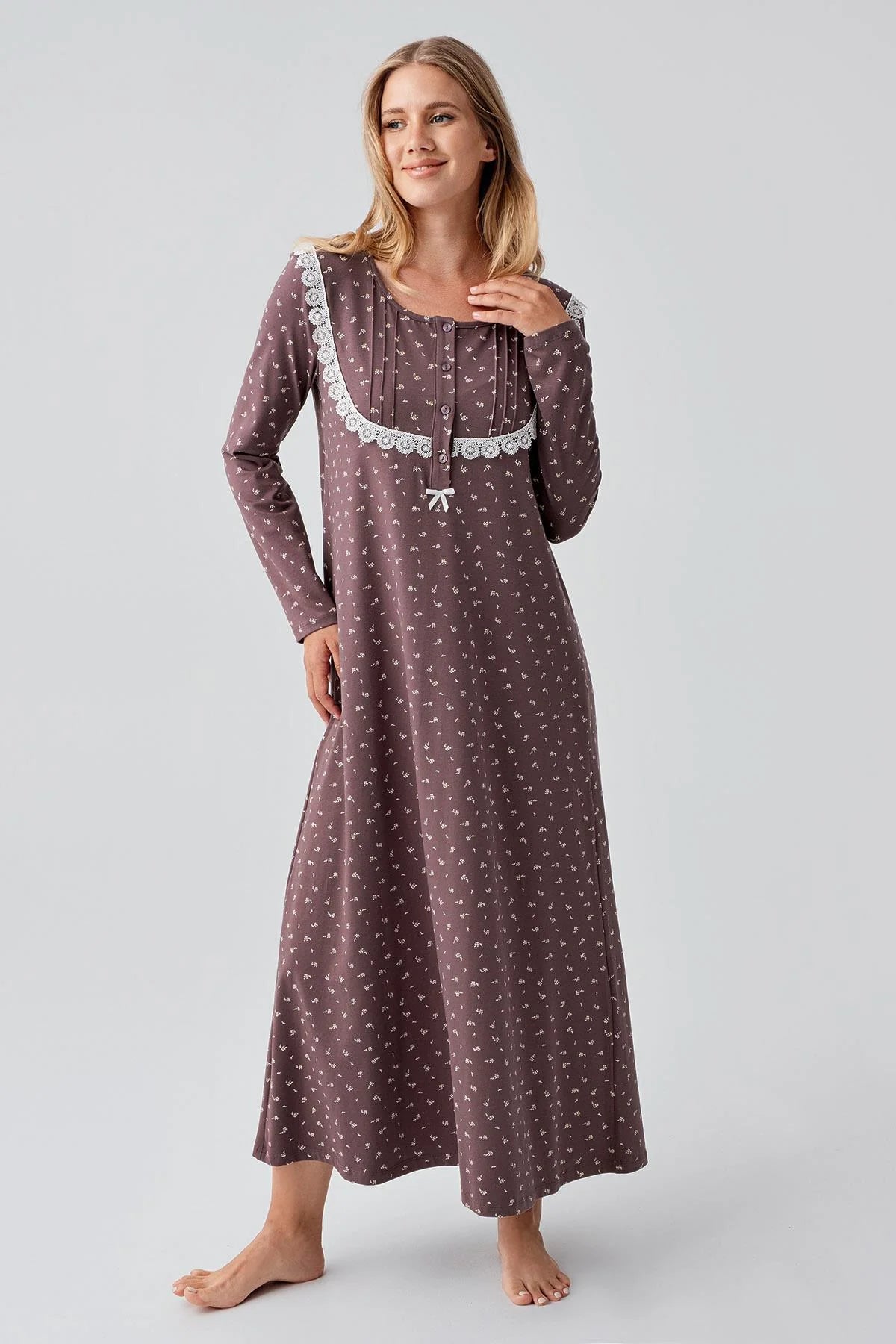 Patterned Lacy Cotton Plus Size Maternity & Nursing Nightgown Coffee - 18101