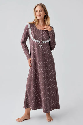 Patterned Lacy Cotton Plus Size Maternity & Nursing Nightgown Coffee - 18101