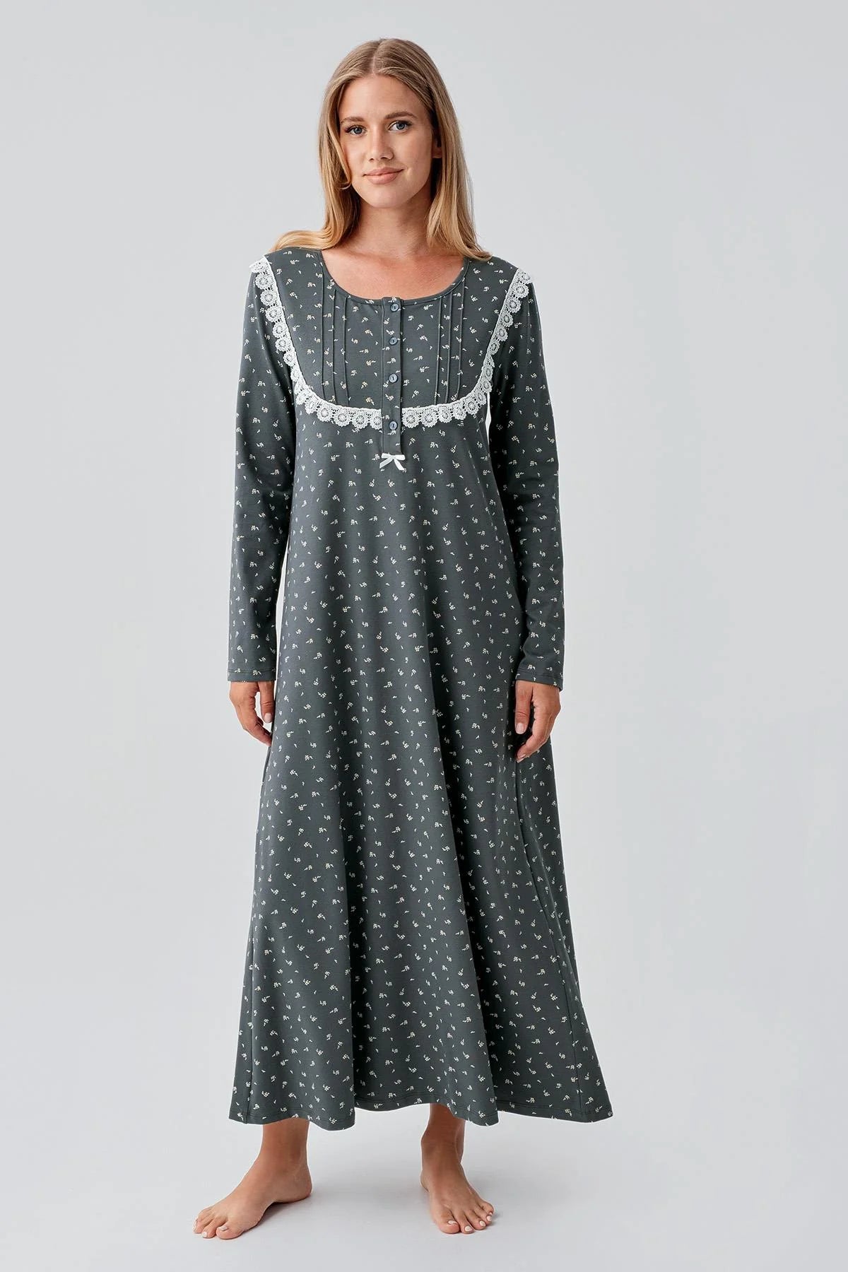 Patterned Lacy Cotton Plus Size Maternity & Nursing Nightgown Green - 18101