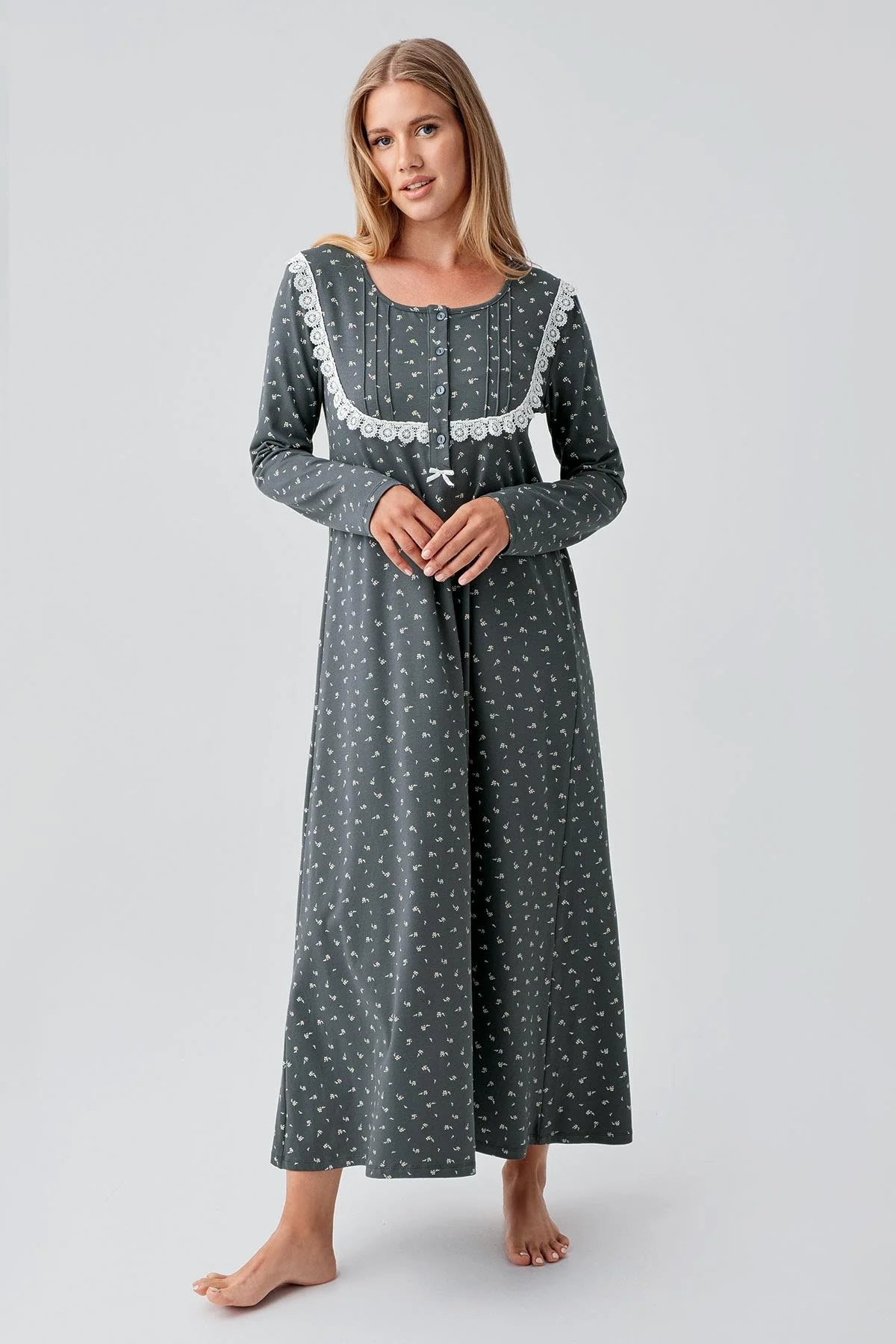 Patterned Lacy Cotton Plus Size Maternity & Nursing Nightgown Green - 18101