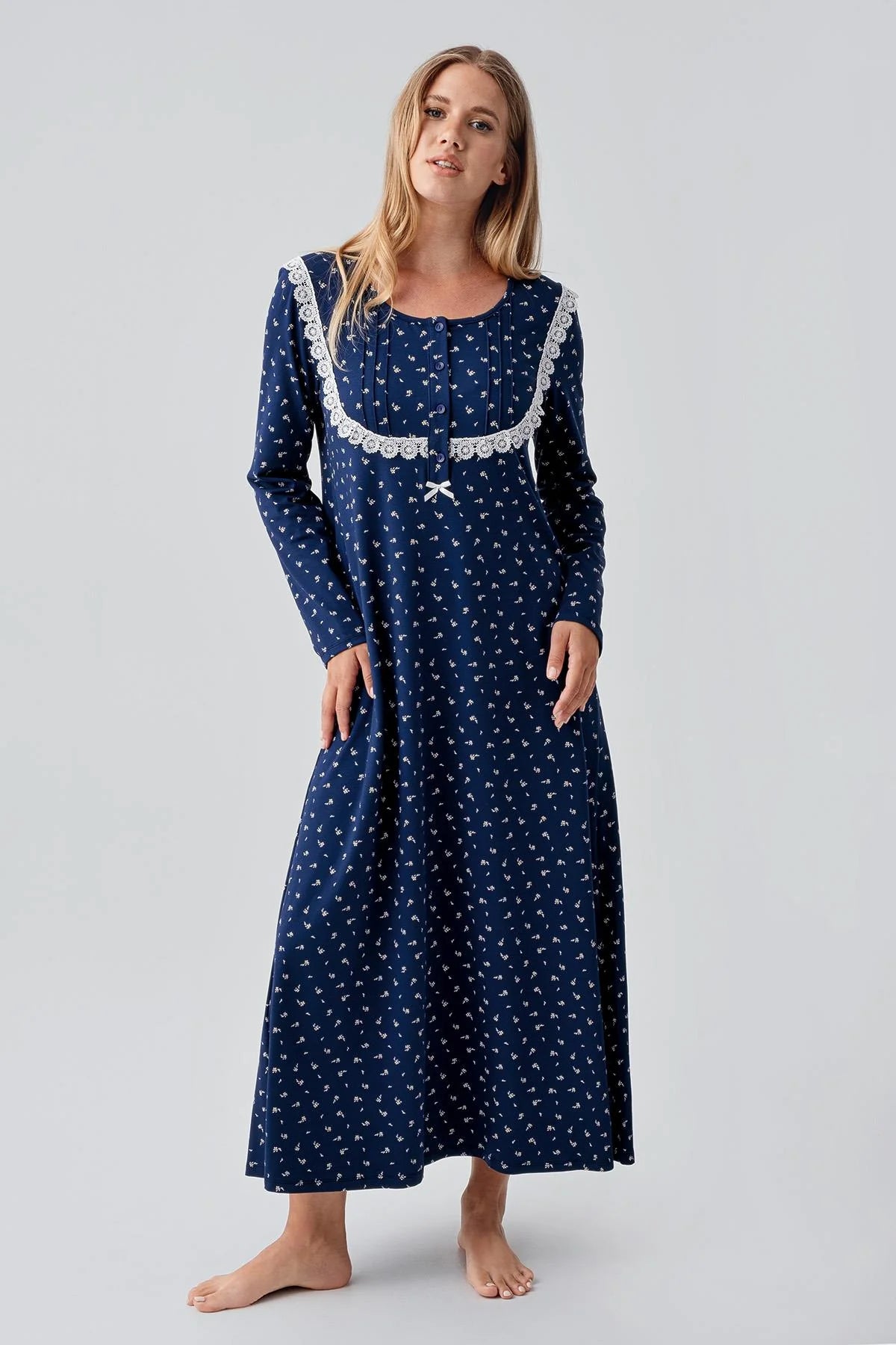 Patterned Lacy Cotton Plus Size Maternity & Nursing Nightgown Navy Blue - 18101