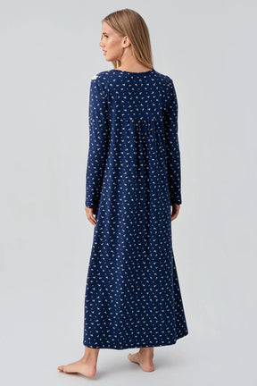 Patterned Lacy Cotton Plus Size Maternity & Nursing Nightgown Navy Blue - 18101