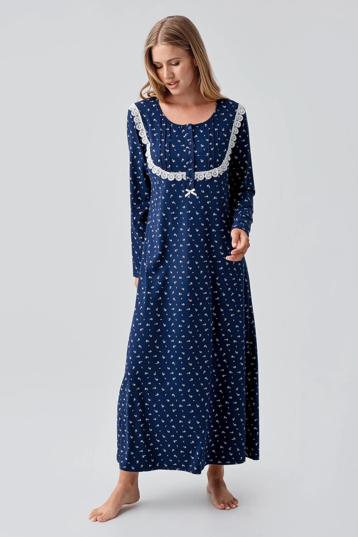 Patterned Lacy Cotton Plus Size Maternity & Nursing Nightgown Navy Blue - 18101