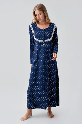 Patterned Lacy Cotton Plus Size Maternity & Nursing Nightgown Navy Blue - 18101