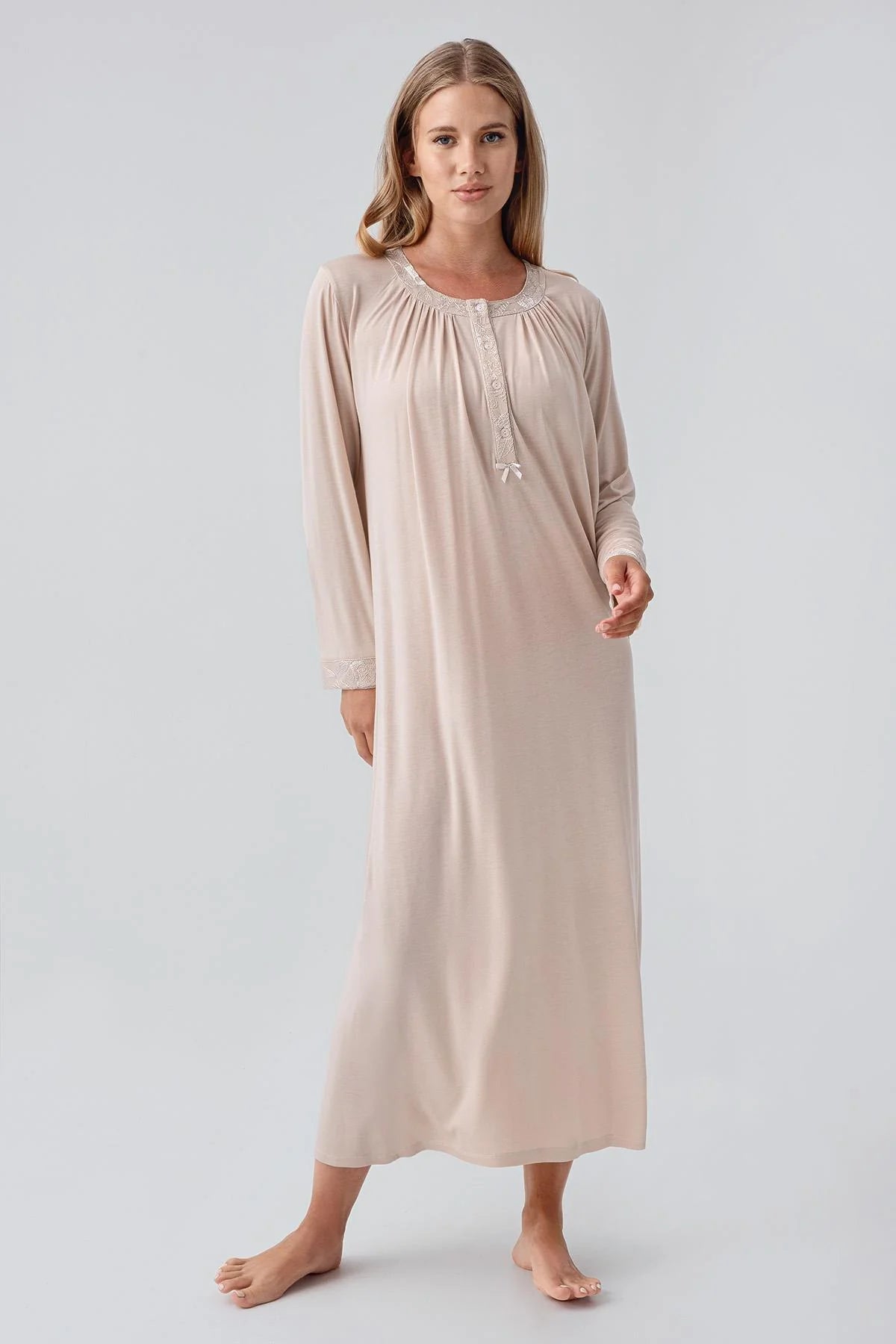 Guipure Edges Plus Size Maternity & Nursing Nightgown Beige - 18104