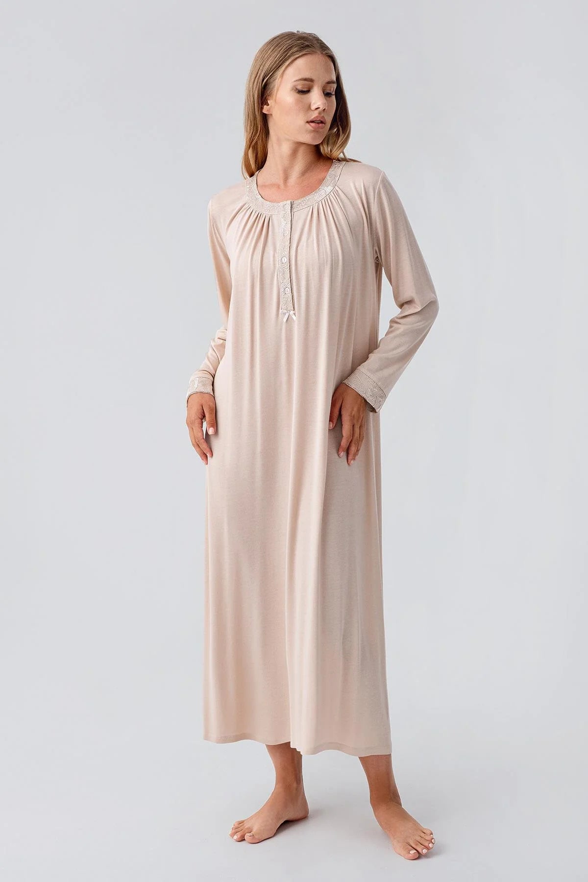 Guipure Edges Plus Size Maternity & Nursing Nightgown Beige - 18104