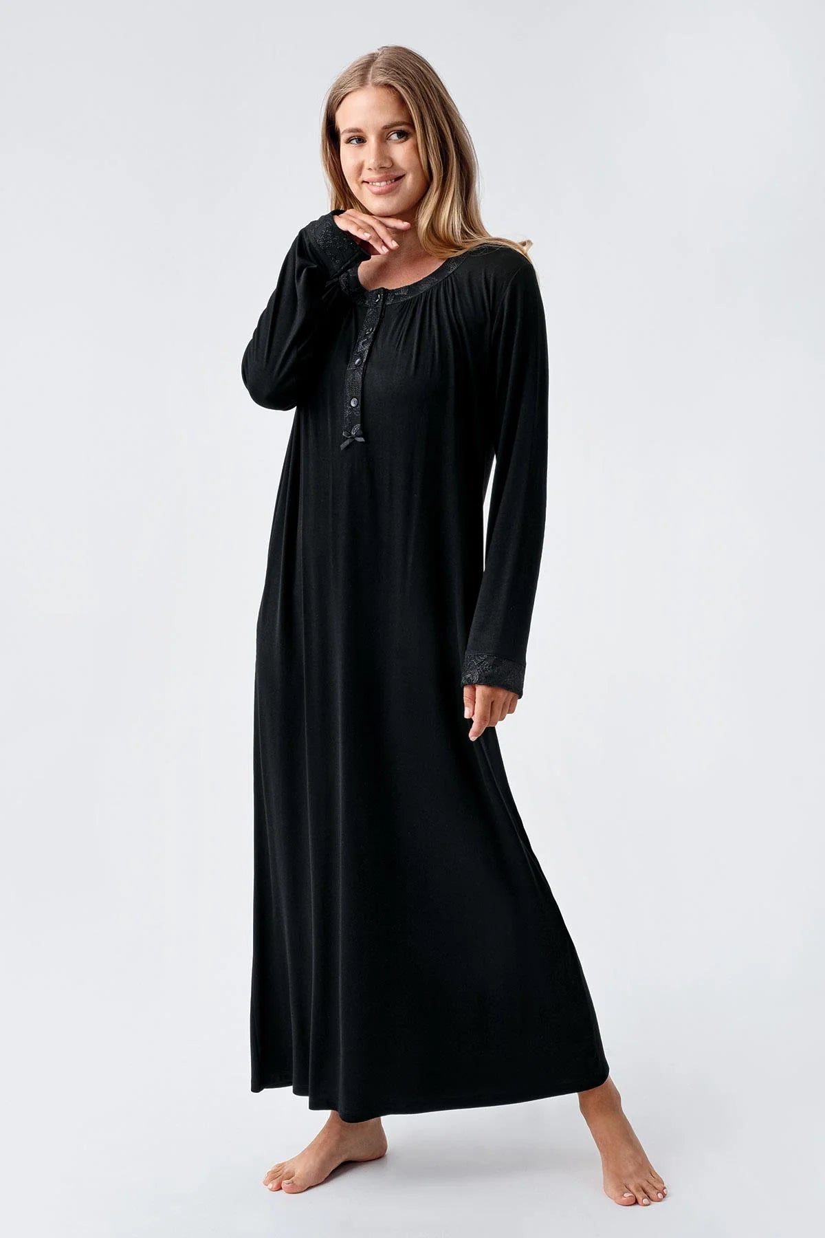 Guipure Edges Plus Size Maternity & Nursing Nightgown Black - 18104