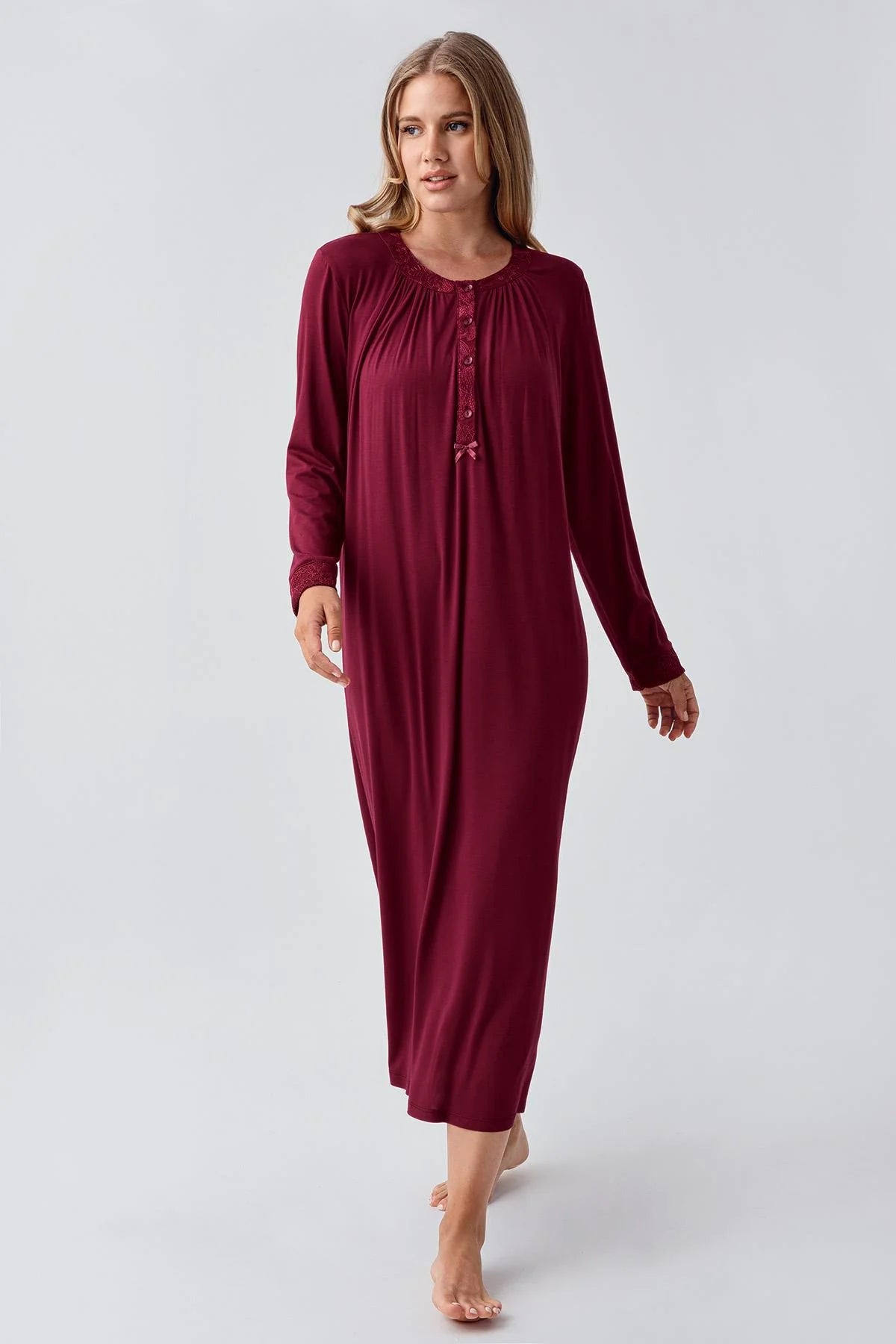 Guipure Edges Plus Size Maternity & Nursing Nightgown Claret Red - 18104