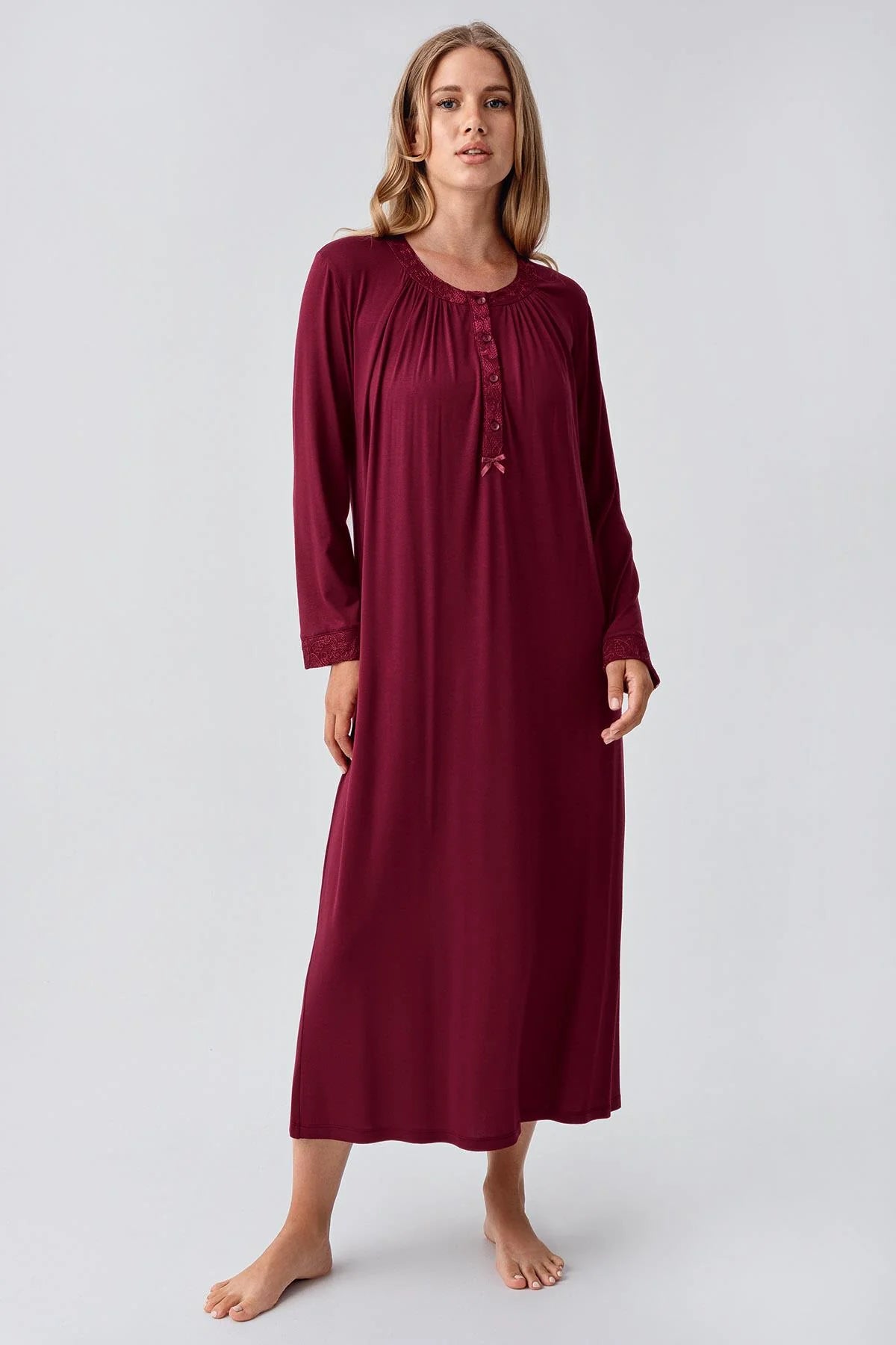 Guipure Edges Plus Size Maternity & Nursing Nightgown Claret Red - 18104