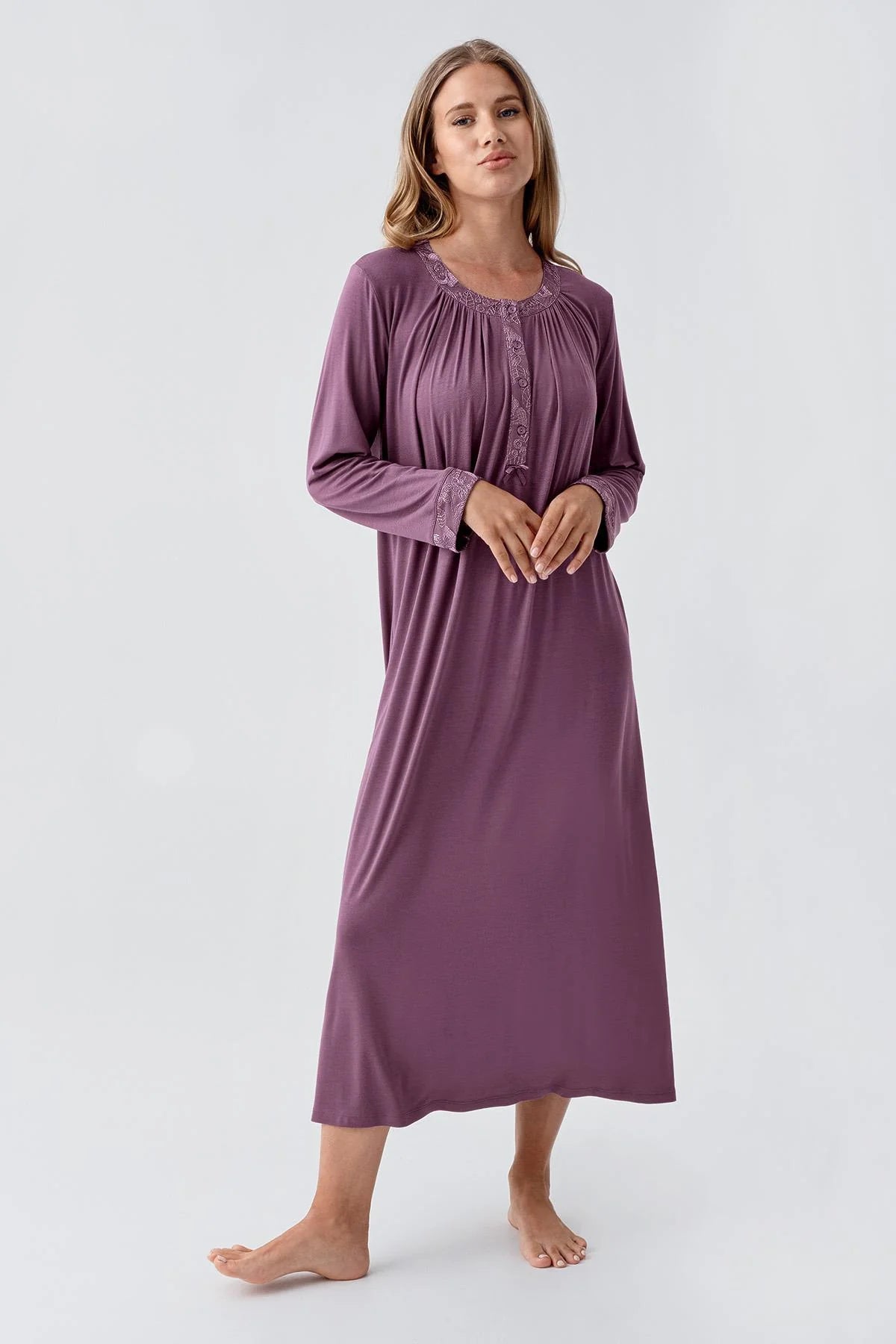 Guipure Edges Plus Size Maternity & Nursing Nightgown Purple - 18104