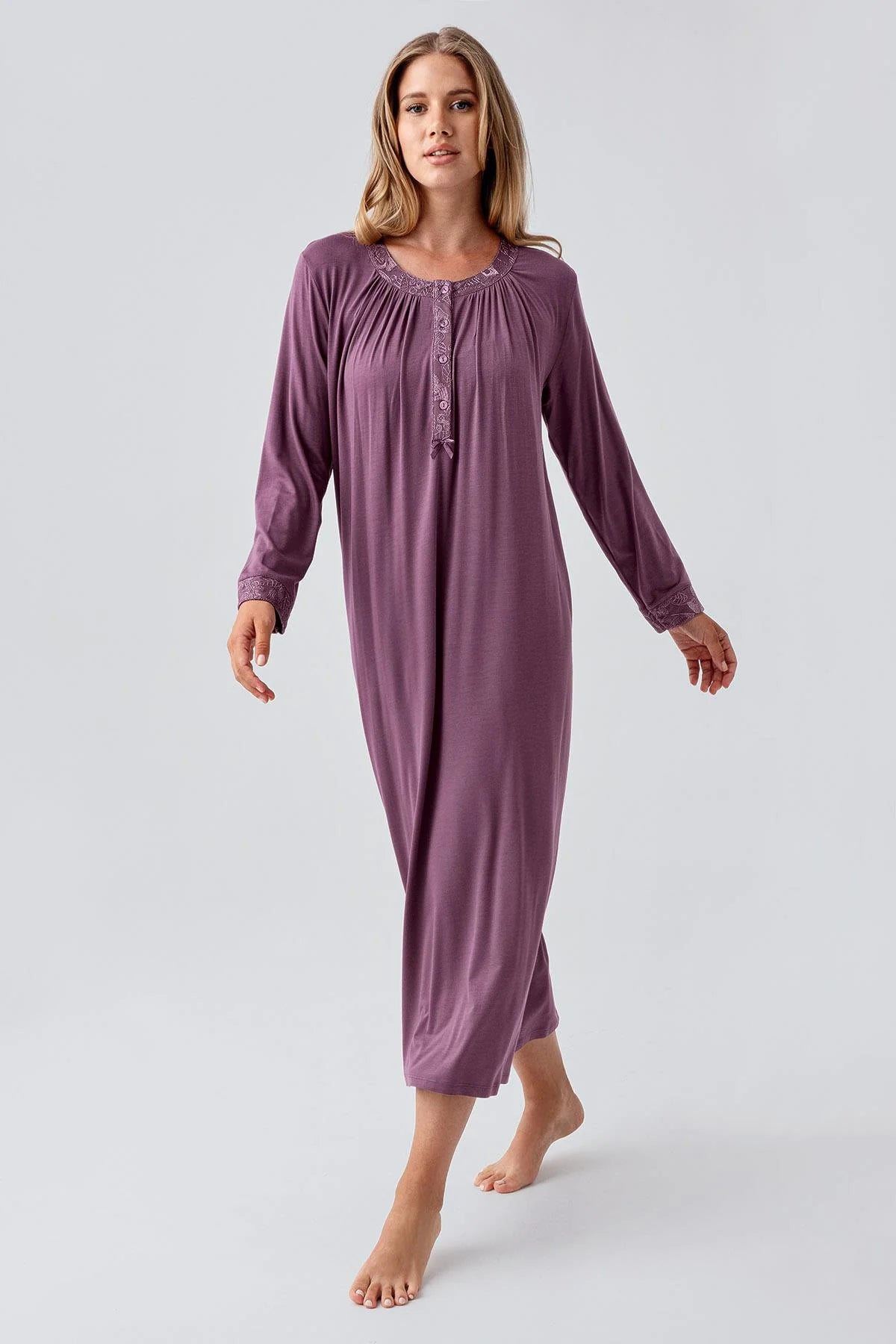 Guipure Edges Plus Size Maternity & Nursing Nightgown Purple - 18104