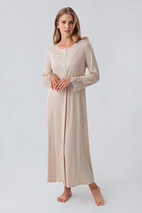 Lace Detailed Plus Size Maternity & Nursing Nightgown Beige - 18105