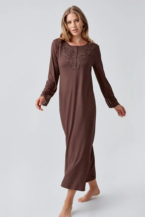 Lace Detailed Plus Size Maternity & Nursing Nightgown Coffee - 18105