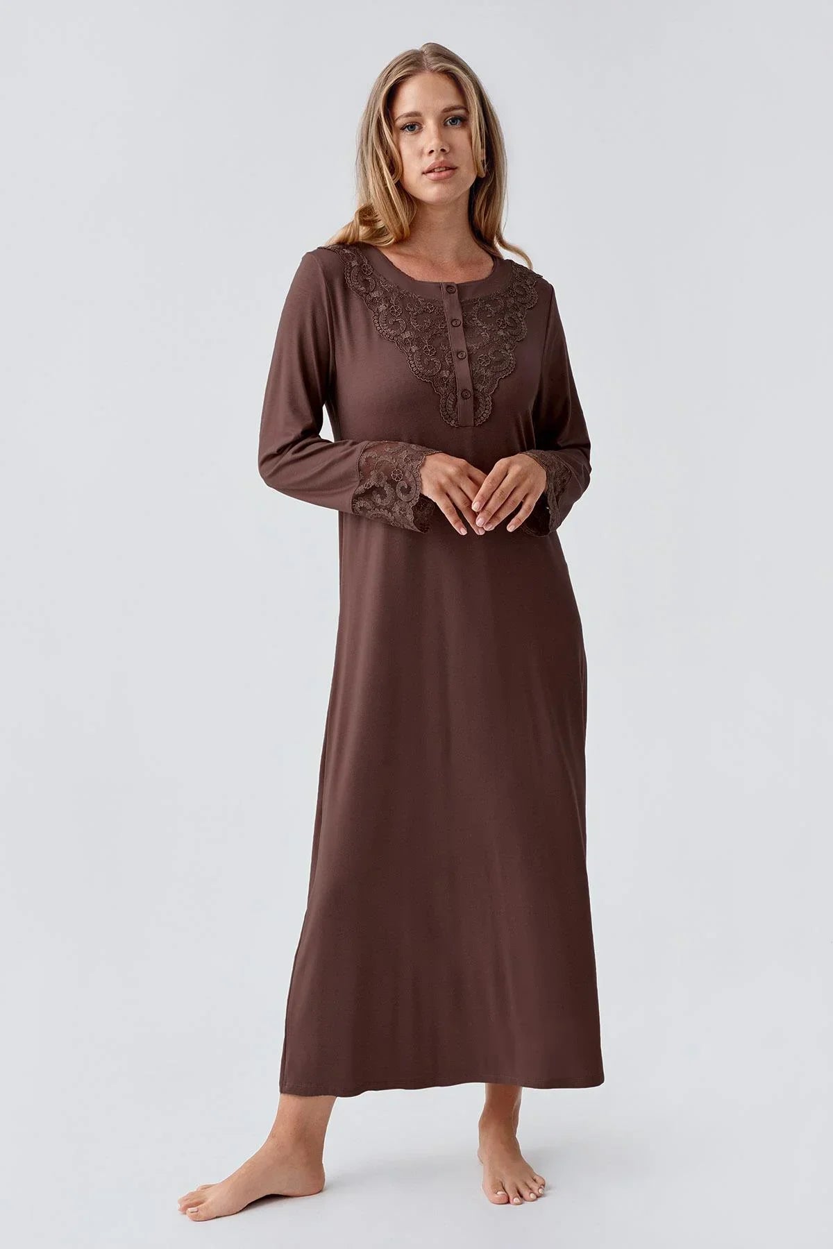 Lace Detailed Plus Size Maternity & Nursing Nightgown Coffee - 18105