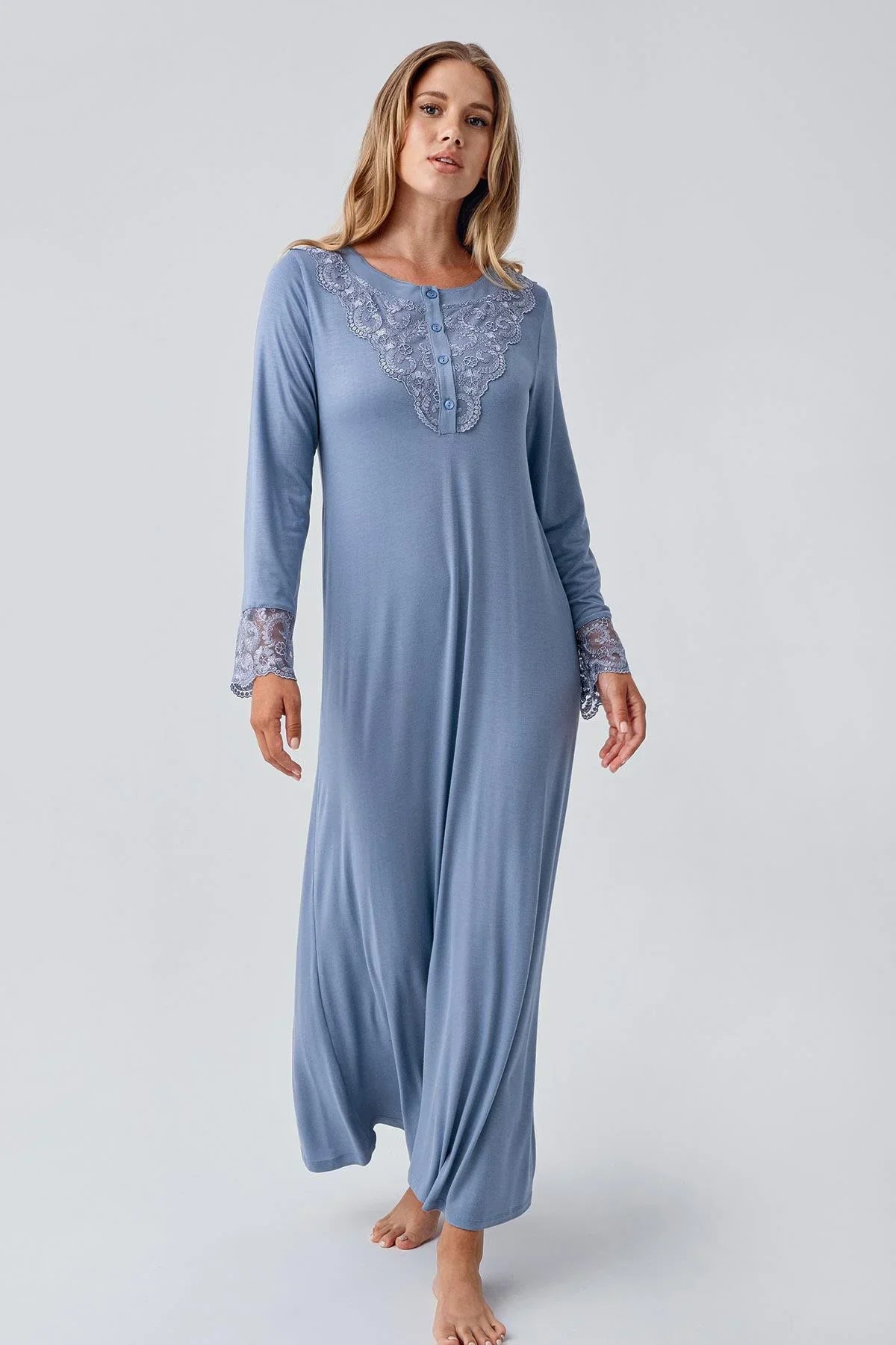 Lace Detailed Plus Size Maternity & Nursing Nightgown Indigo - 18105